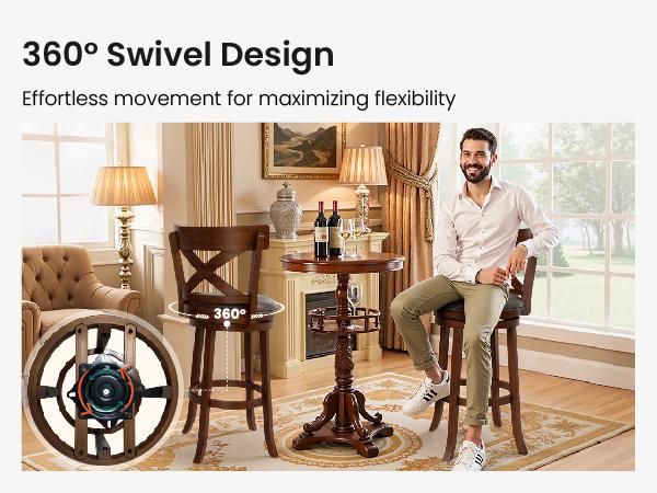 PHI VILLA 30 inch Bar Height Stools Set of 2/3/4,Swivel Wooden Barstools Tall Upholstered Faux Leather Barstool with Back,Vintage Bar Height Chairs,Dark Brown Kitchen Stools