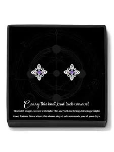 Witches Knot Purple CZ Birthstone Stud Earrings With Blessing Message Card, Dainty Hypoallergenic Piercing Studs for Sensitive Ears,  Amulet Jewelry Gift for Women