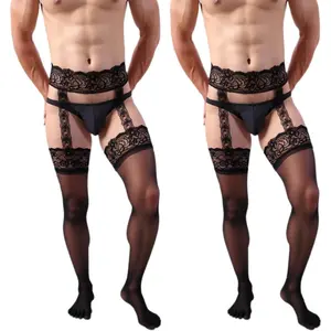 2pcs Men's Fishnet Thigh High Stockings Lace Tights with Suspender Pantyhose for Man