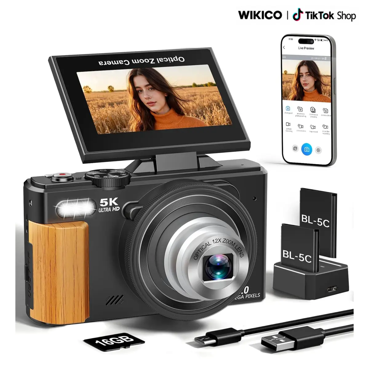 WIKICO Rechargeable Portable Vlog Digital Camera, 5K 80MP Point & Shoot with 3.0inches 180° Flip LCD Screen, 12X Optical Zoom, Autofocus, Flash, 5V CMOS Sensor, USB+SD Card Slots, 2 Batteries, 16GB TF Card, WiFi, MP4 Support, Rechargeable Vlog Camera