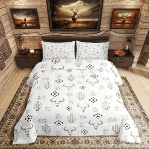 Boho Bedding Set,Western Bull Skull Comforter Teens Rustic Bohemian Aztec Bedding Set,Brown Exotic Ethnic Tribal Quilt for Country Cactus Cow Horns Print Down Comforter