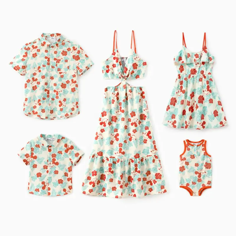 PatPat Disney Mickey Mouse Print Family Matching Sets - Women's Polyester Comfortable Spaghetti Strap Sleeveless Casual Dresses, Men/Kids/Baby Naia Soft Fabric Hawaiian Shirts, 2-Piece Cutout Beach Vacation Apparel