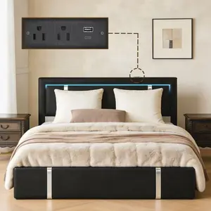Full Size Lift Up Storage Bed Frame with Adjustable LED Lights Headboard, USB-C Charging Ports, Hydraulic Support, Faux Leather Upholstered Platform Bed, Metal Slats Support, Black