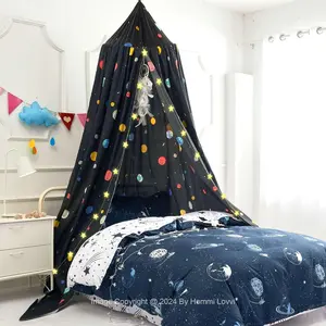 Space Planets Print Kids Bed Canopy Girls Princess Canopy Dreamy Room Decor Soft Hanging Reading Nook Play Tent Canopy Extra Large Full Size Bed Canopy with String Light