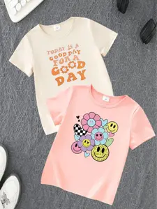 Toddler Girl's Sun Smile Face & Letter Print Funny Graphic Tee, Casual Fun Shirt Floral Graphic Short Sleeve T-shirt for Summer, Kids Clothes for Daily Wear
