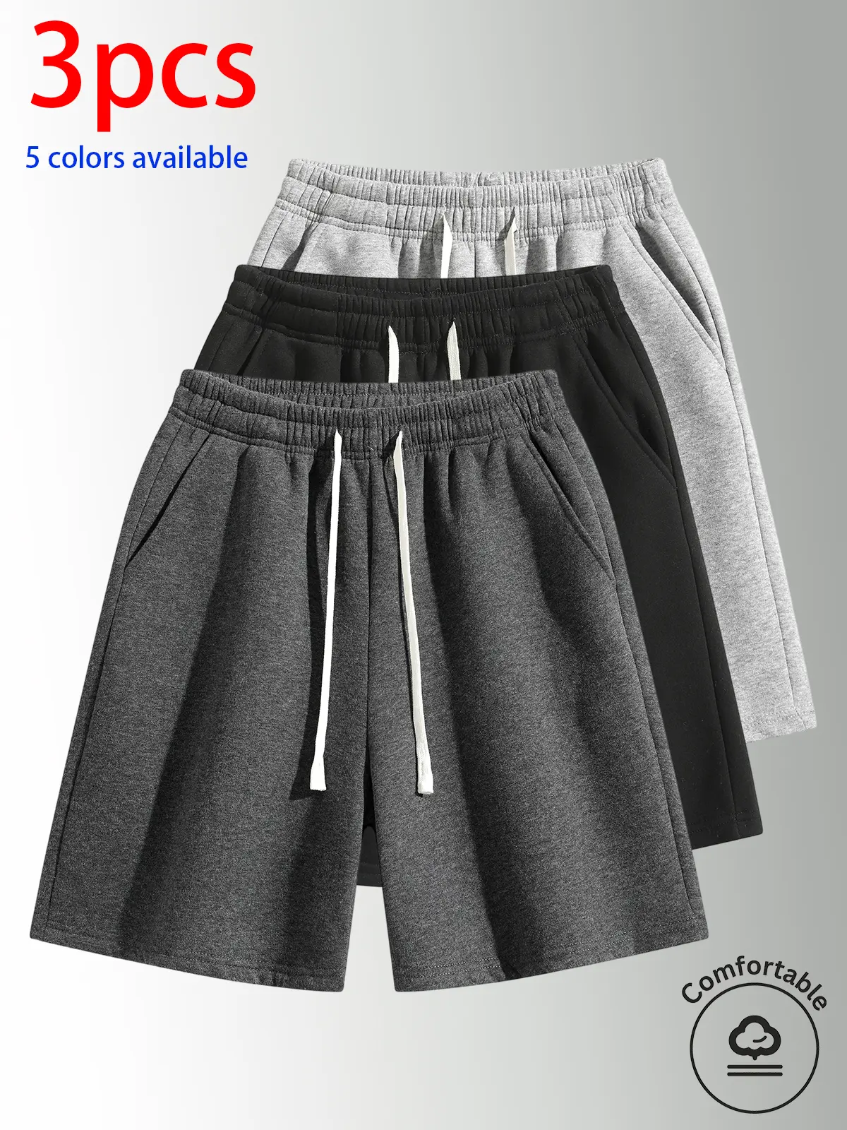 3-Pack Men's Shorts: Men's shorts, men's mid-thigh shorts, men's cotton shorts. Loose straight fit with an elastic drawstring waist; contains 40% cotton. Soft, skin-friendly solid-color casual shorts—suitable for home wear, walking around, workouts/runnin