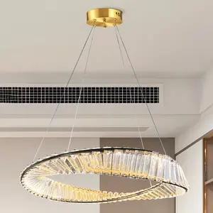 23.6 Inch Modern Gold Ring Crystal Chandelier, K9 Crystal, 3-Color Changing LED, Height Adjustable, for Dining Room Kitchen Living Room Bedroom Study