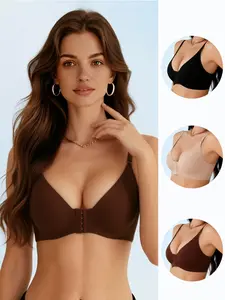 3-Pack Front Closure Seamless Bra for Women, Multi-Color Bundle Push Up Elegant Comfort Wireless Bralette, Deep V Plunge Lifting Everyday Bra Set