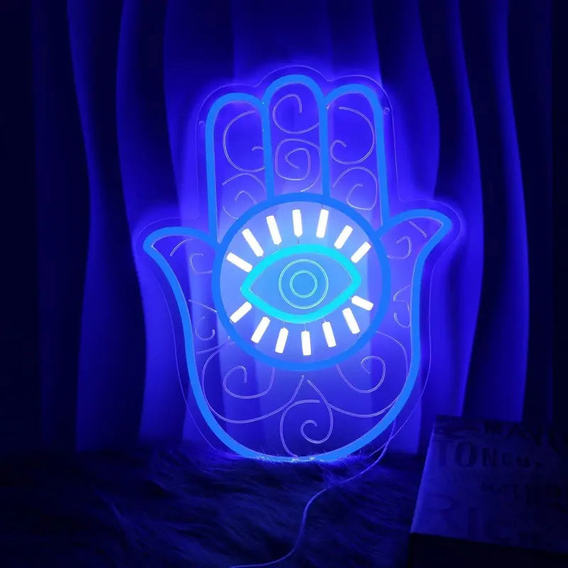 Blue Hamsa Evil Eye Neon Sign, Hamsa Hand LED Wall Light. Bohemian home decoration for bedroom, living room and meditation room, symbolizing protection. USB operated wall neon decor.