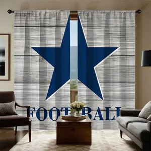 2pc Light Wood Grain Bottom Deep Blue Star Football Theme Decorative American Sports Casual Curtains, Long Vertical Fabric Privacy Blinds