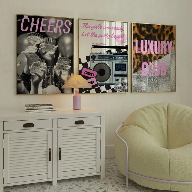 Set of 3 Pink Vintage Prints black and pink print Leopard Cheetah Luxury print Cheers print Trendy Wall Art Gallery Preppy Chic Radio print