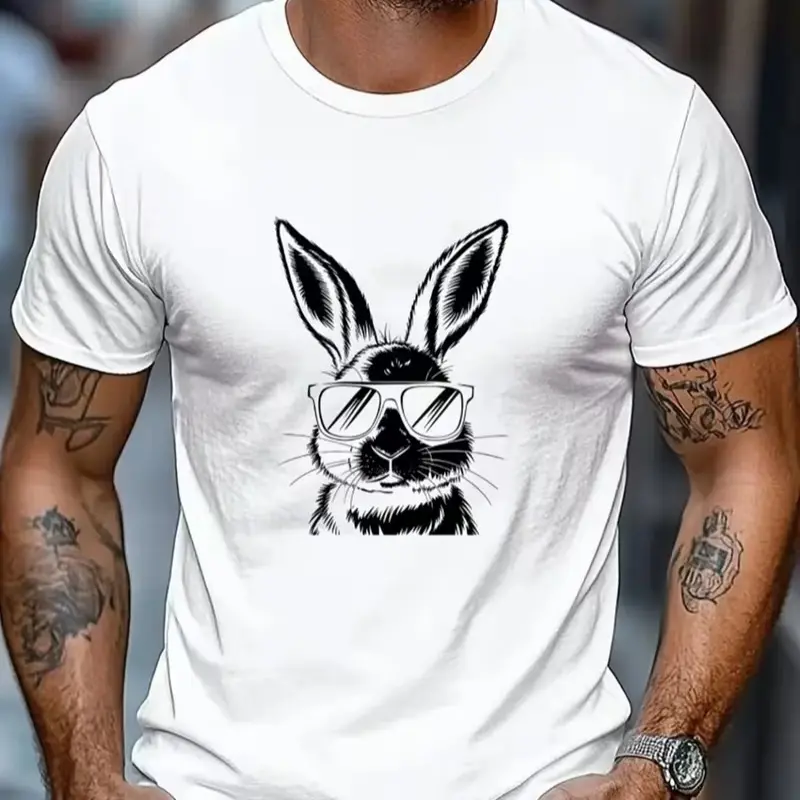 Unisex Black White Sketch Cool Rabbit With Sunglasses Graphic T-Shirt, Minimal Animal Bunny Casual Short Sleeve Tee