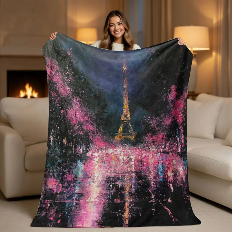 Parisian Eiffel Tower Throw Blanket - French Aesthetic, Contemporary, Decorated, Art Graphic Blanket for Living Room, Moody Impressionist Oil Painting Romantic Night Cityscape Home Decor, Art Graphic Blankets, Contemporary Blankets