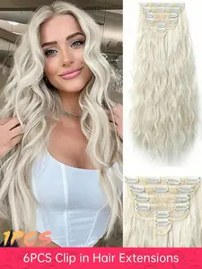 6pcs/Set Synthetic Long Wavy Clip In Hair Extensions 20 Inch Thick Hairpiece For Women White Platinum Blonde Natural Wig Curly Hair Extension Soft And Natural Hair Extensions Synthetic Hairpiece Synthetic Soft Hairpieces