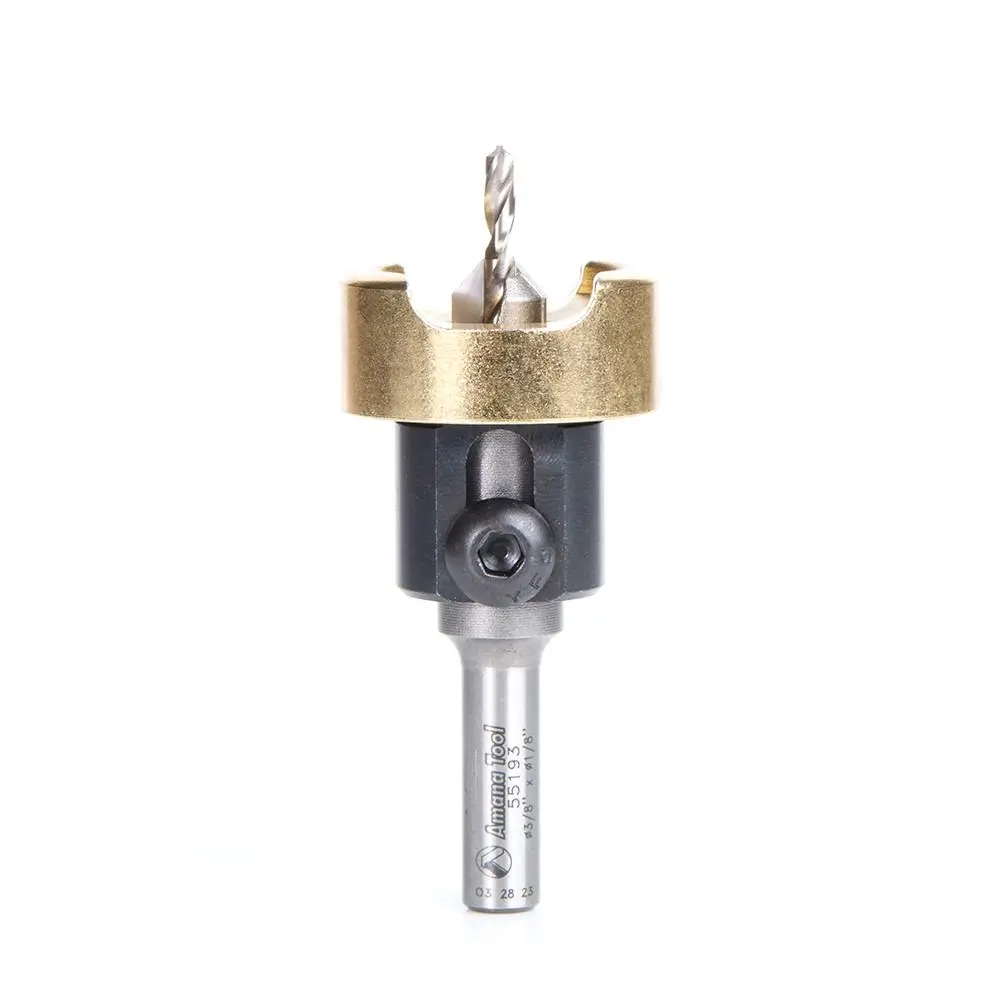 Amana Tool 55193 Carbide Tipped Countersink with No Burning and No Marring Adjustable Depth Stop with No-Thrust BB, 3/8 D x 1/8 Drill D x 5/16 Inch Round SHK