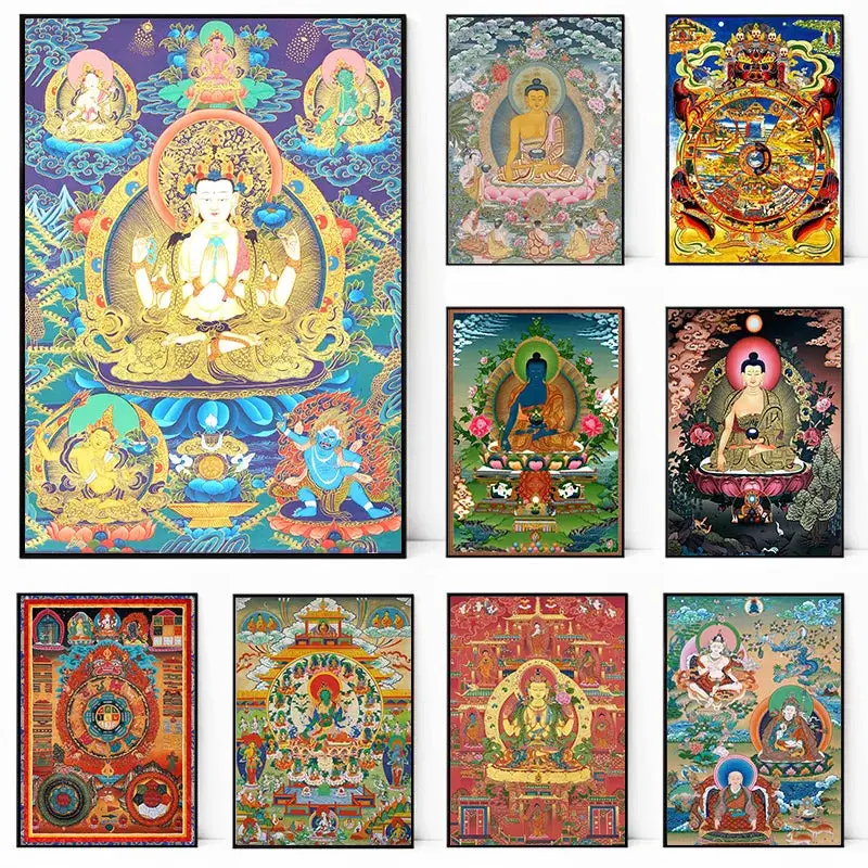 Bodhisattva Buddha Canvas Poster: Buddhist Wall Handmade Thangka Art Decoration for Home Room Religious Painting