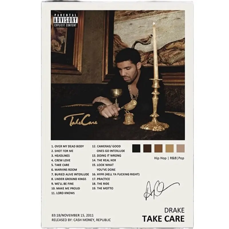 Drake - Take Care Glass Framed Poster - Official Album Artwork with Tracklist & Signature - Released by Cash Money Republic