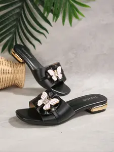 Women's Butterfly Rhinestone Low Heel Sandals, Square Toe Wide Fit, Metal Heel Mules, Sweet Office Style, Elegant Fashionable Sandals, Casual, Spring Summer Indoor Outdoor Shoes