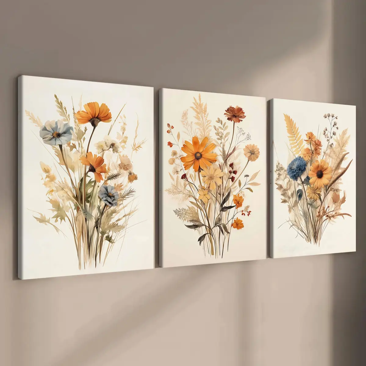 3 count wooden frame canvas, warm autumn flower pattern poster, Art Prints, Vintage Floral Print, vintage flower decor, mural, home decoration, Modern Floral Paintings, HD, waterproof, art
