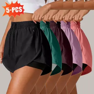 5 Pack Women's 2 In 1 Workout Athletic Shorts, Quick Dry Fake Two Piece Shorts With Zipper Pockets, Casual Sports Shorts For Running Yoga Gym Training Summer Wear