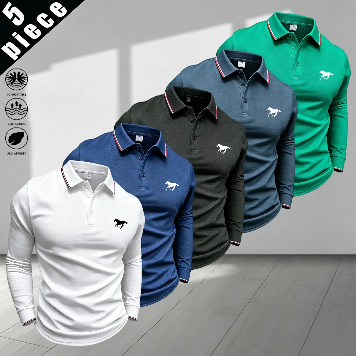 5-Pack Men’s Long-Sleeve Polo Shirts for Spring/Autumn, Contrast Shirt Collar, Solid Color Casual Tops with Horse Print, Stylish and Comfortable, Suitable for Home, Office, and Everyday Wear, Multiple Colors Available
