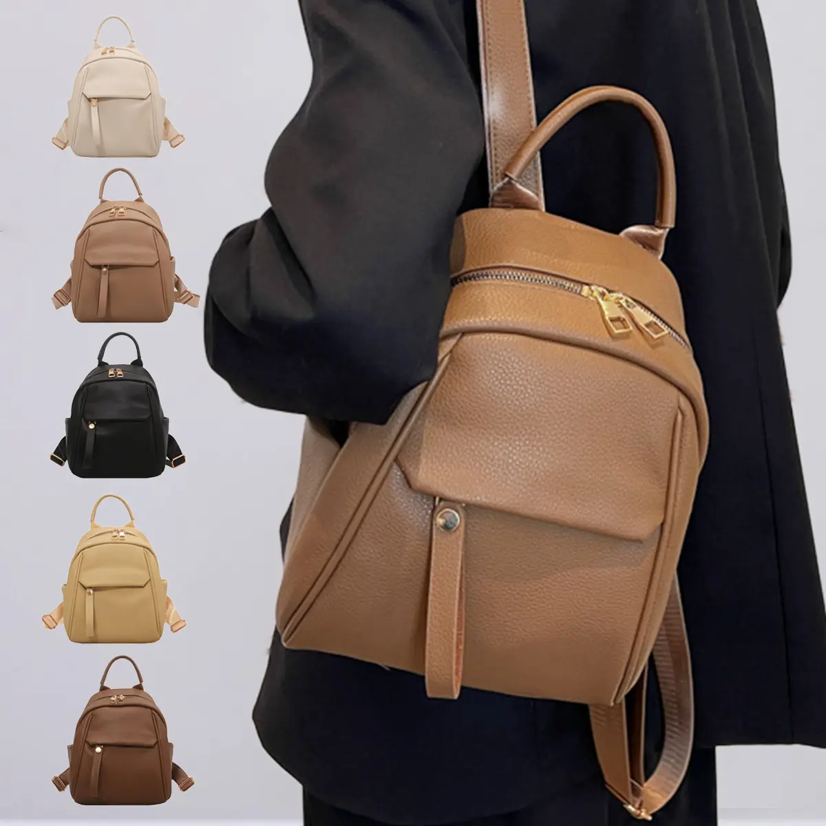 Women's Minimalist Mini Backpack, Casual Convertible Bag in Soft PU Fabric for Daily Travel and School, Lightweight, Do Not Wash, Shoulder Strap, Female, Adults, Multi-Function, Plain, Outdoor Activity, Work, Zip