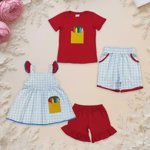 Kids' Matching Sets, Cute Embroidery & Whimsical Crayons Pockets Outfits, Cotton Blend-Soft Elastane Fabric, Toddler-Girl Summer/Spring Back-to-School Shorts Sets