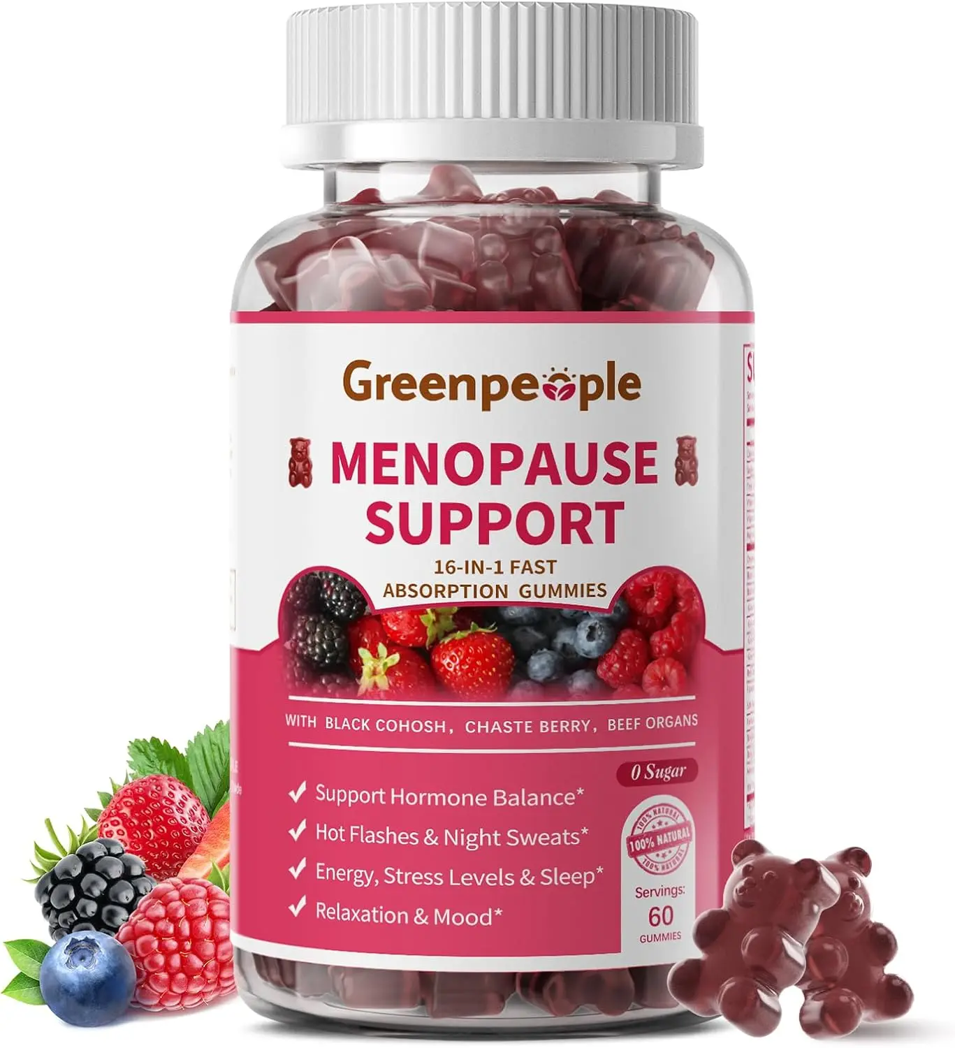 GREENPEOPLE Menopause Supplements for Women Gummies, 60 Count Sugar Free | 16-in-1 Dual Action Formula with Black Cohosh, Vitex & Grass-Fed Beef Organs for Hormone Balance, Hot Flashes & Night Sweats Cranberry