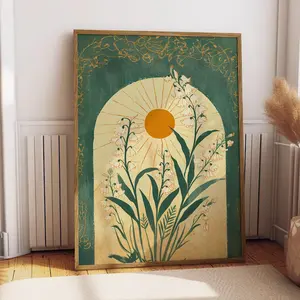 Lily of the Valley Emerald Green Sun Art Poster Mystical Folk Art Illustration Taurus Sign Flowery Spiritual Print Botanical Boho Wall Art