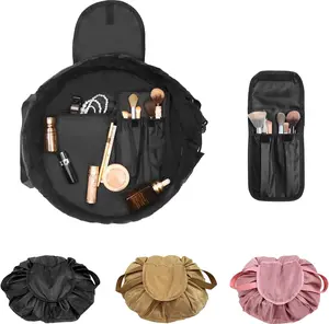 Drawstring Makeup Bag Open Lay Flat - Travel Cosmetic Organizer Bag for Women - Toiletry Bag with Brush Holder - Black, Large Capacity, Travel Essential