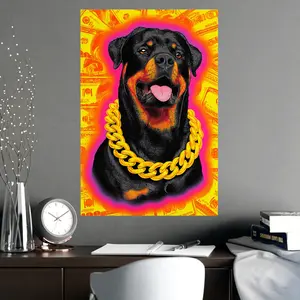 Neon Rottweiler Poster with Gold Chain, Hip Hop Dog Wall Art Print Decor Photo