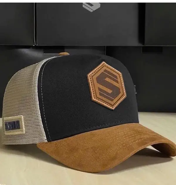 Two-Tone Suede Trucker Cap by Mr. Shelby - Black & Tan Mesh Snapback - Rugged Outdoor Style Baseball Hat