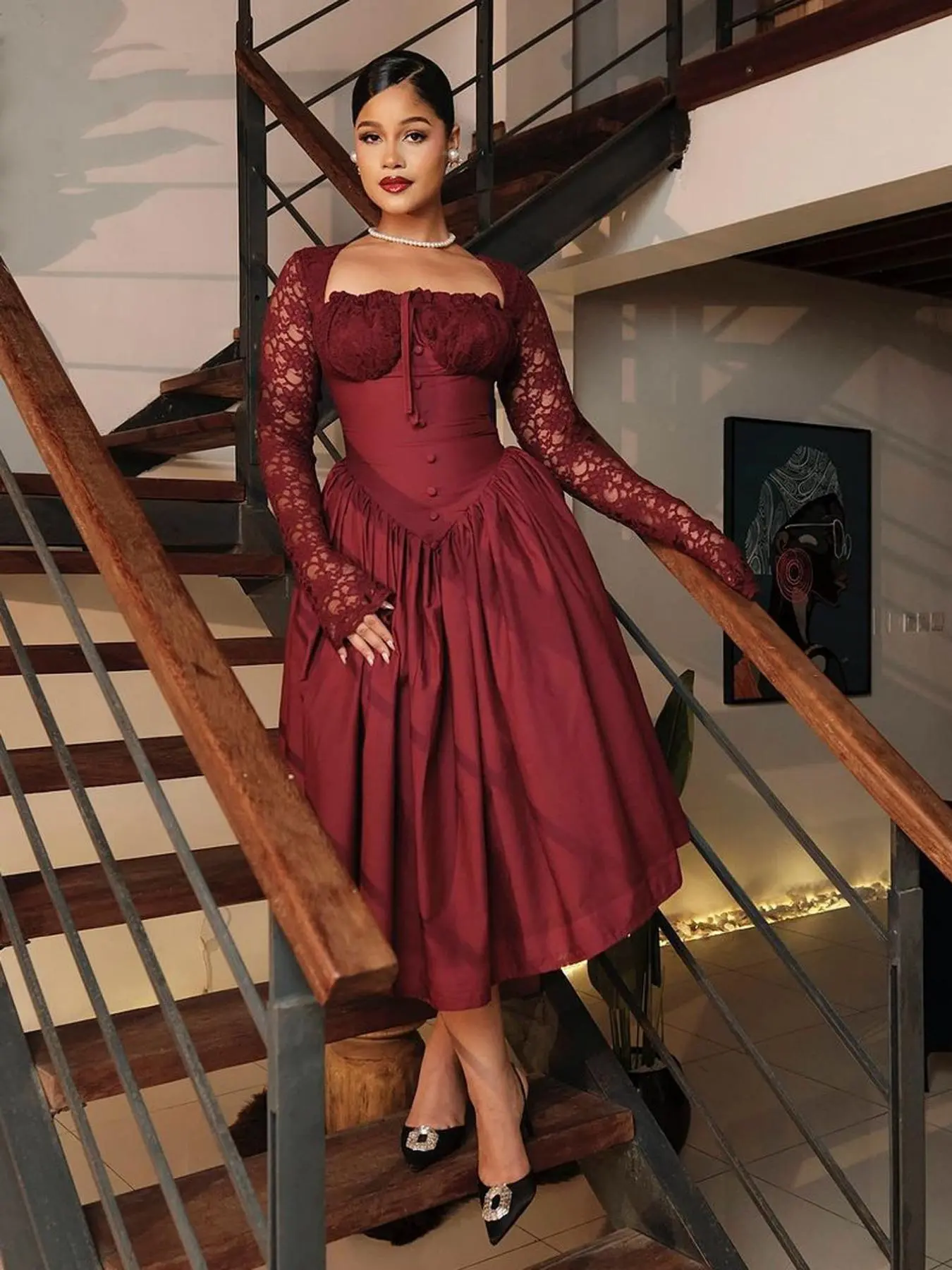 Women's Contrast Lace Bow Front Fake Buttons Fit A Line Dress, Elegant Formal Wear Square Neck Long Sleeve Dress for Party Holiday Wedding Guest, Ladies Clothes for All Seasons