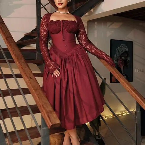 Women's Contrast Lace Bow Front Fake Buttons Fit A Line Dress, Elegant Formal Wear Square Neck Long Sleeve Dress for Party Holiday Wedding Guest, Ladies Clothes for All Seasons