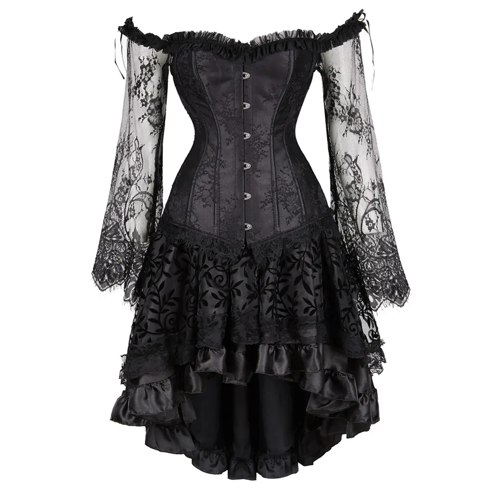 Women Steampunk Gothic Corset Dress Off Shoulder Lace Bell Sleeve Renaissance Victorian Corset With High Low Skirt Set for Halloween Cosplay Party