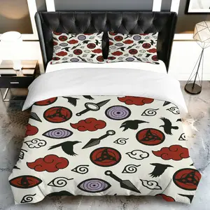 3PCS Duvet Cover Set, 1 Duvet+2 Pillowcases(Without filler), Anime Ninja Symbol Pattern theme, Halloween bedding set, Naruto Uchiha Clan Cosplay Suitable for decoration Bedroom Dormitory Apartment Studio.