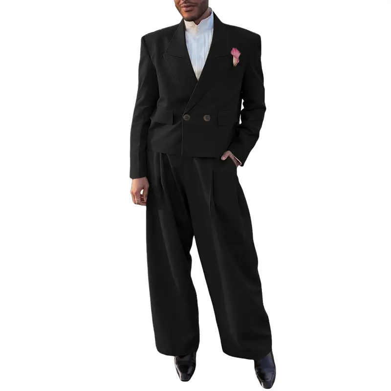 INCERUN Menswear 2-Piece Architectural Suit, Formal Long Sleeve Double-Breasted Cropped Blazer & Wide Leg Trousers for Wedding, Prom