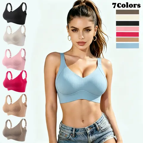 Women's Elegant Plain V-Neck Wire-Free Bras, 3-4-5-7 Piece Sets, Breathable Seamless Bust Support, All-Season Comfortable Underwear Unlined Wireless Bra Seamless Covered Bust
