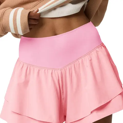 FISOEW Women's High-Waisted Flowy Elastic Ruffled Built-In Liner Sports Shorts - Polyamide Mix, Moisture-Wicking, Tiered Fringe, Athletic Style for Women in Sports, Running/Tennis, Fit Lifestyle