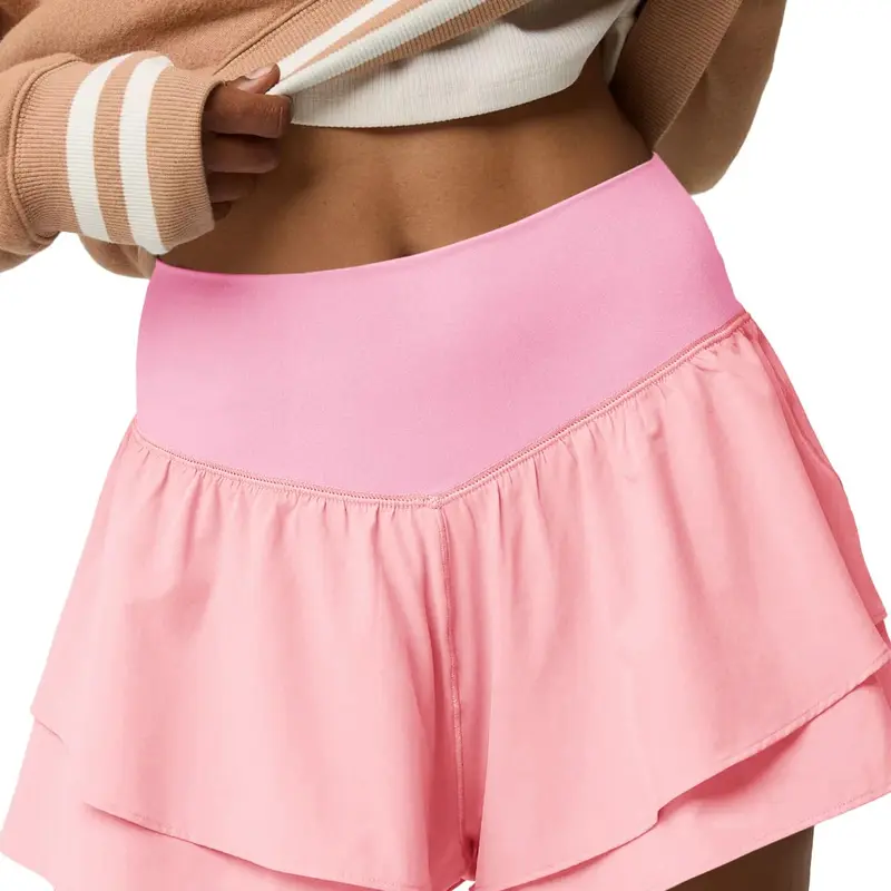 FISOEW Women's High-Waisted Flowy Elastic Ruffled Built-In Liner Sports Shorts - Polyamide Mix, Moisture-Wicking, Tiered Fringe, Athletic Style for Women in Sports, Running/Tennis, Fit Lifestyle