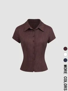 Women's Plain / Striped Print Button Shirt, Casual Fitted Collared, Casual Slim-fitting Short Sleeve Collared Top for Daily Wear, Ladies Clothes for All Seasons
