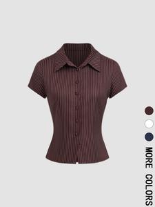 women's plain / striped print button shirt, casual slim-fitting short sleeve collared top for daily wear, ladies clothes for all seasons, womenswear, casual everyday wear, casual tops, casual fashion shirt