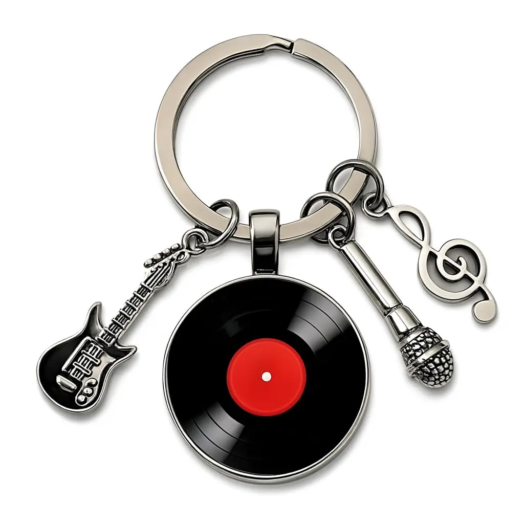 Collector's Edition Vintage Vinyl Shaped Keychain for Music Lovers - Metal Alloy Accessory with Vinyl Motif, Round Charm, Guitar, Microphone, Musical Note Charms, Glass Dome, Compact, Durable, Unisex, Metal Coating Fashion Keychain