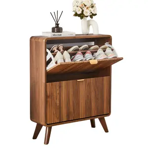 Giratree Fluted Shoe Storage Cabinet for Entryway with 2 Flip Drawers,Narrow Shoe Cabinet with Curved Profile, Slim Freestanding Wood Hidden Shoe Organizers Shoe Storage Rack for Foyer,Hallway