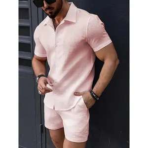 Summer Beach Men's Collar Jacquard Striped Short Sleeve Shirt Short Sleeve Suit Casual Two-Piece Set Clothes Pink