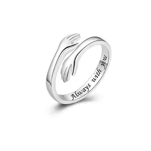 Always with You Adjustable Ring with Both Hands Embrace  Silver Tone - Perfect Gift for Couples