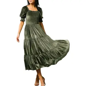 Fashion Women's Velvet Vintage Elegant Square Neck Puff Sleeve A-Line Midi Dress Party Dress, Wedding Guest Long Dress, Birthday Party Ball Gown, Maternity Dress, Casual Everyday Dress