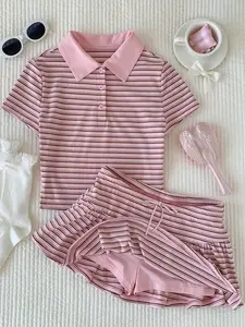 2026 New Arrival Spring/Summer Fashionable Women's Casual Striped Short Sleeve T-Shirt & Mini Skirt 2 Pieces Set, Summer Outfits For Women Valentine's Day Beach Outfit Vacation Outfits Women 2000s Style Pink Sets Womenswear Clothes Lady
