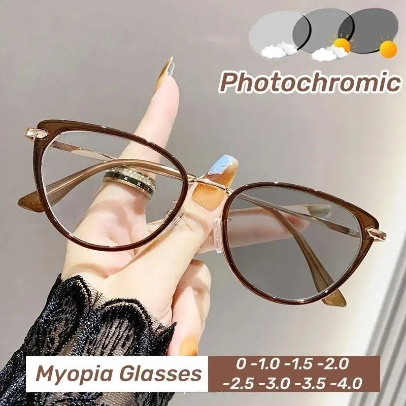 Myopia Eyeglasses for Women, Vintage Cat Eye Frames with Photochromic Color Changing Lenses, Anti-Blue Light 0-4.0 Diopter, Photo, Myopia Vision