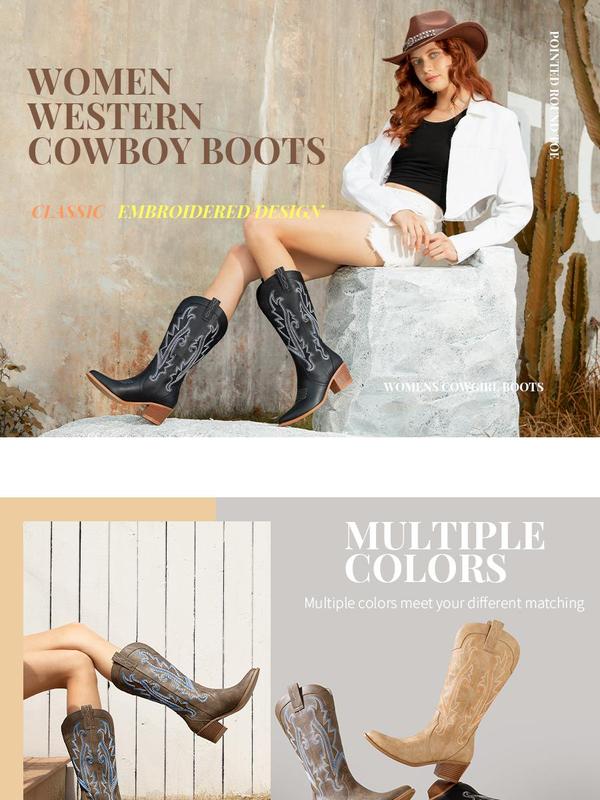 Athlefit Women's Embroidered Western Cowboy Boots Fashion Pointed Toe Chunky Heel Mid Calf Cowgirl Boots Walking Shoes Footwear